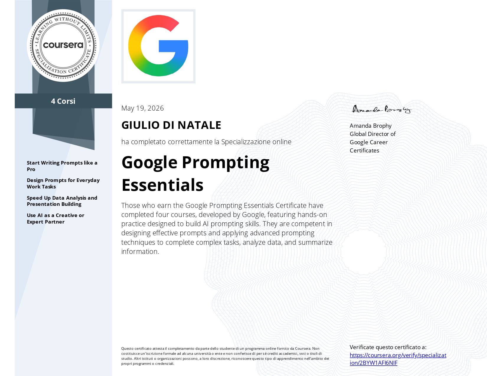 Certificato Google Prompting Essentials